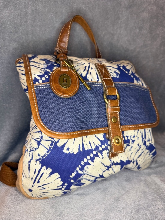 Fossil Handbags - Fossil Blue and Cream Floral Canvas Backpack with Brown Leather Trim